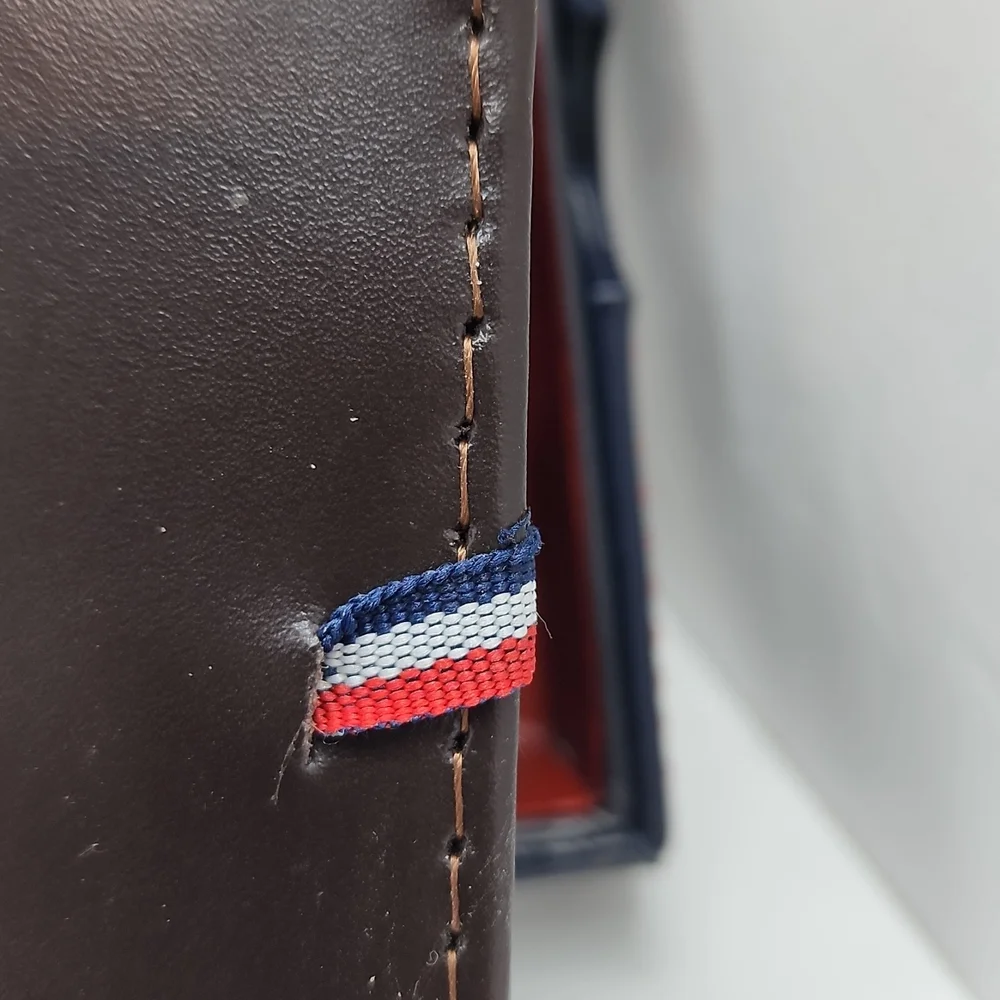 TOMMY HILFIGER, MENS WALLET DOUBLE FOLD, DARK BROWN,GENUINE LEATHER, BROWN COLOR